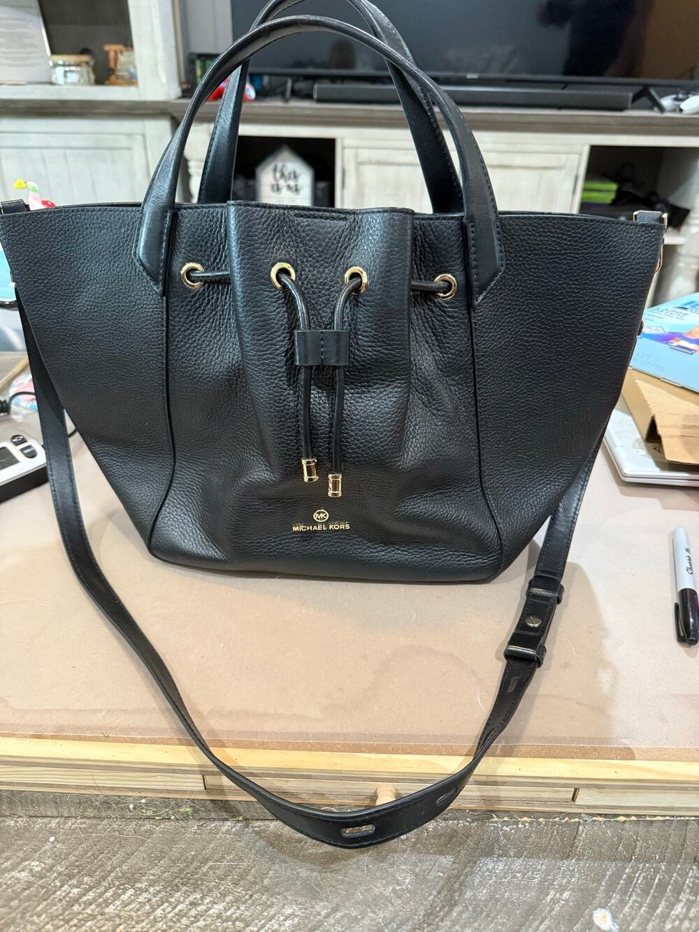 111. Michael Kors Black Pebbled Leather Drawstring Satchel Crossbody Bag